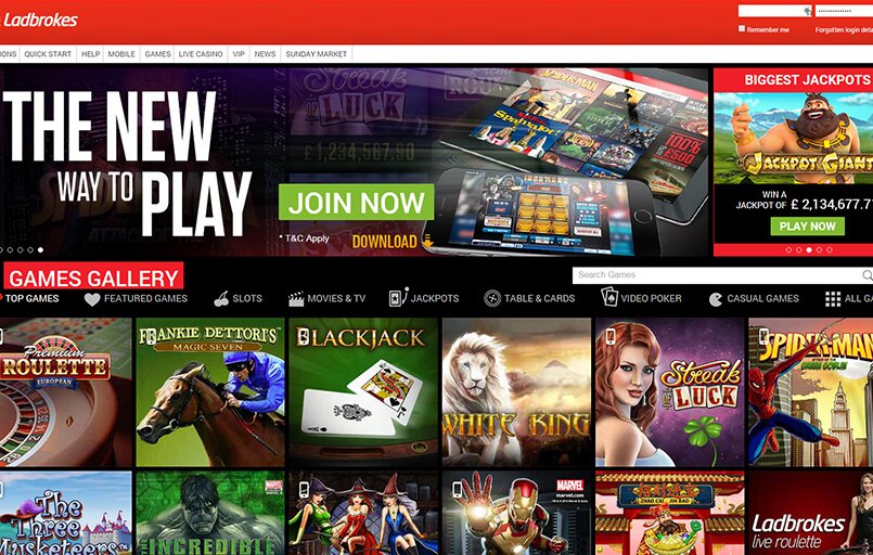 Main Page with Game Selection at Ladbrokes Casino